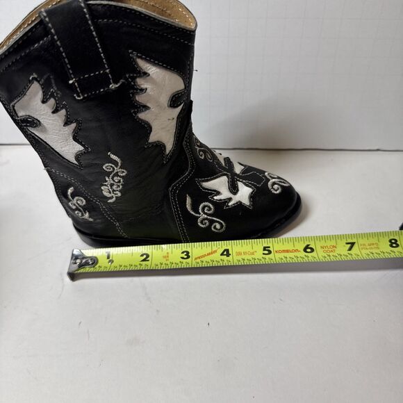 Toddler Cowboy Cowgirl Boots Genuine Leather Black & White Embroidered Sz 7 Zip - Picture 9 of 10